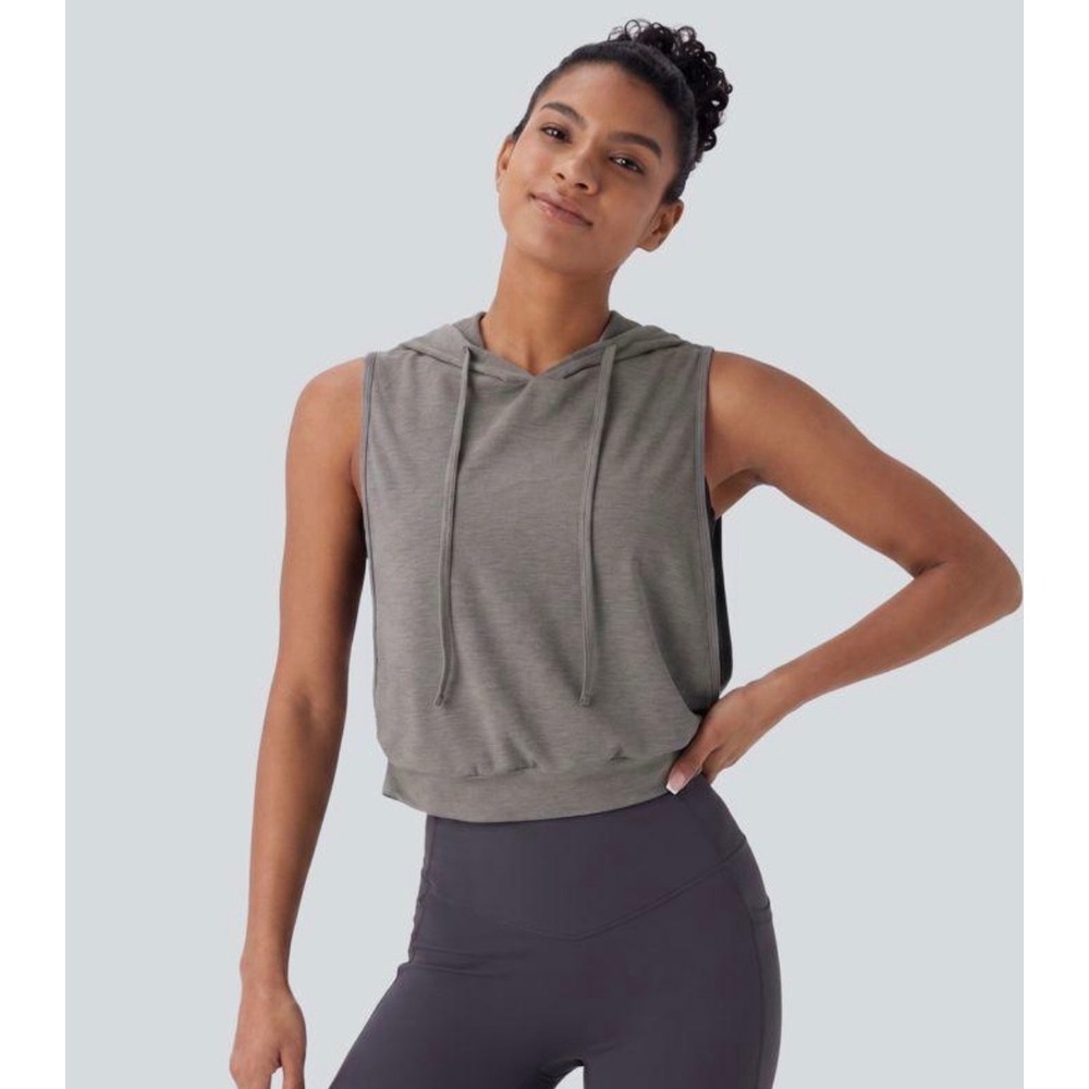 Halara NWT Sleeveless Cropped Hoodie Heather Gray Athletic Tank M